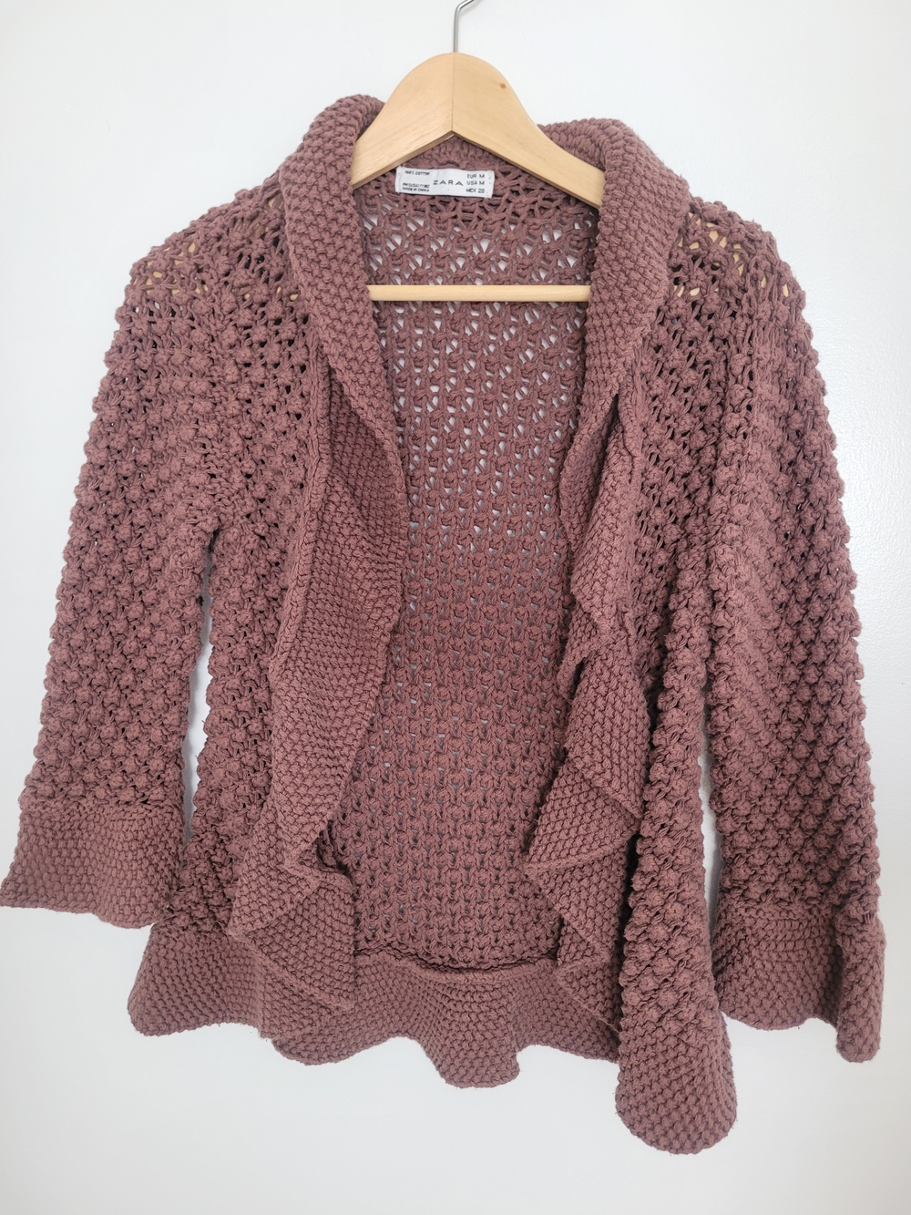 Zara Dusty Rose Ruffle-Front Knit Cardigan 100% Cotton Size M